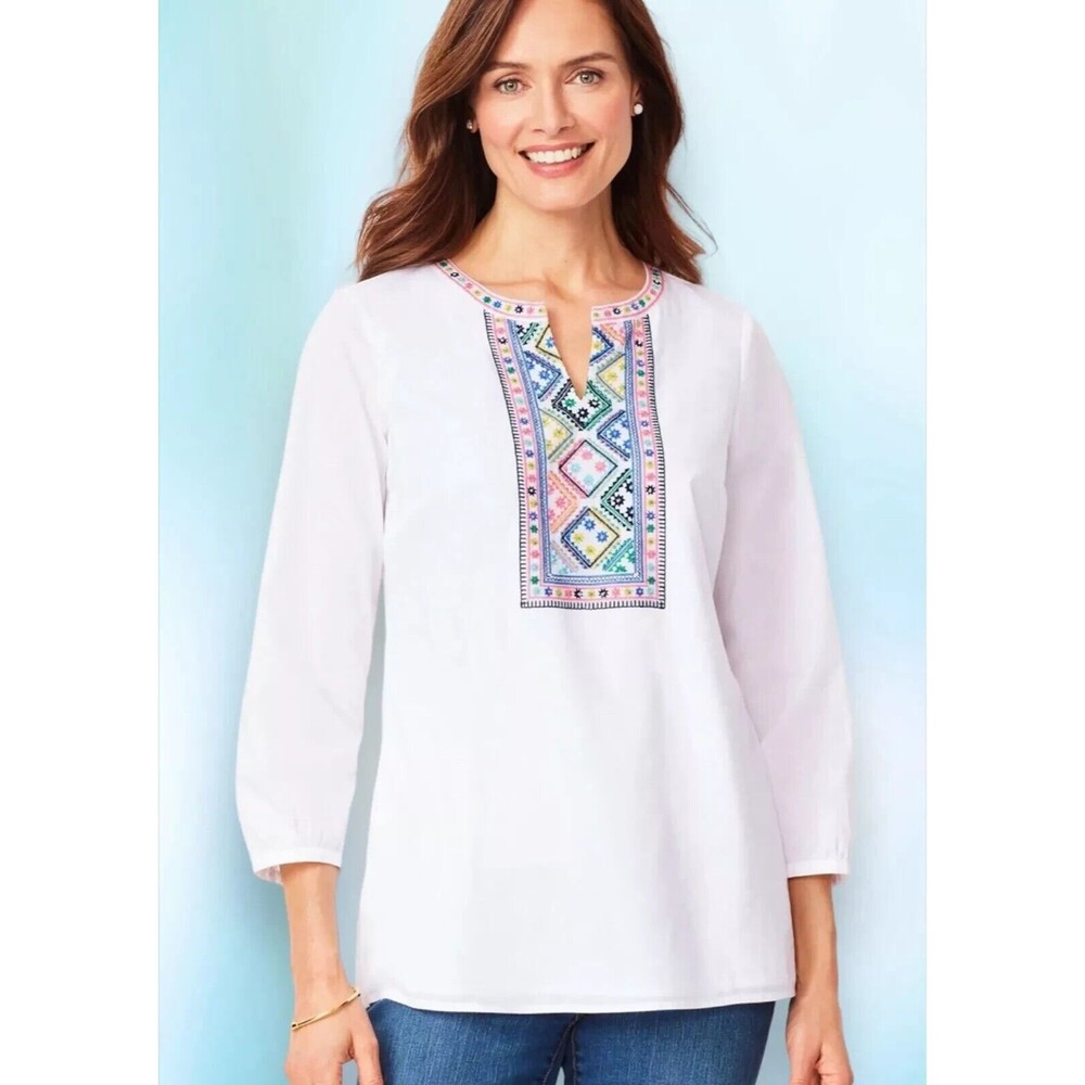 Talbots White Blouse with Colorful Embroidery